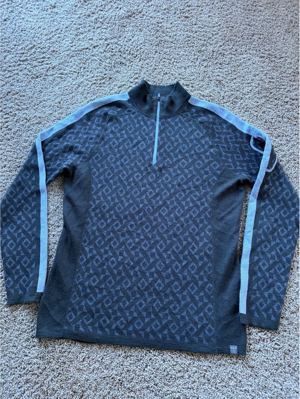 Title Nine Super Power 1/4 Zip Sweater Merino Wool Diamond Peak Stripe Gray M